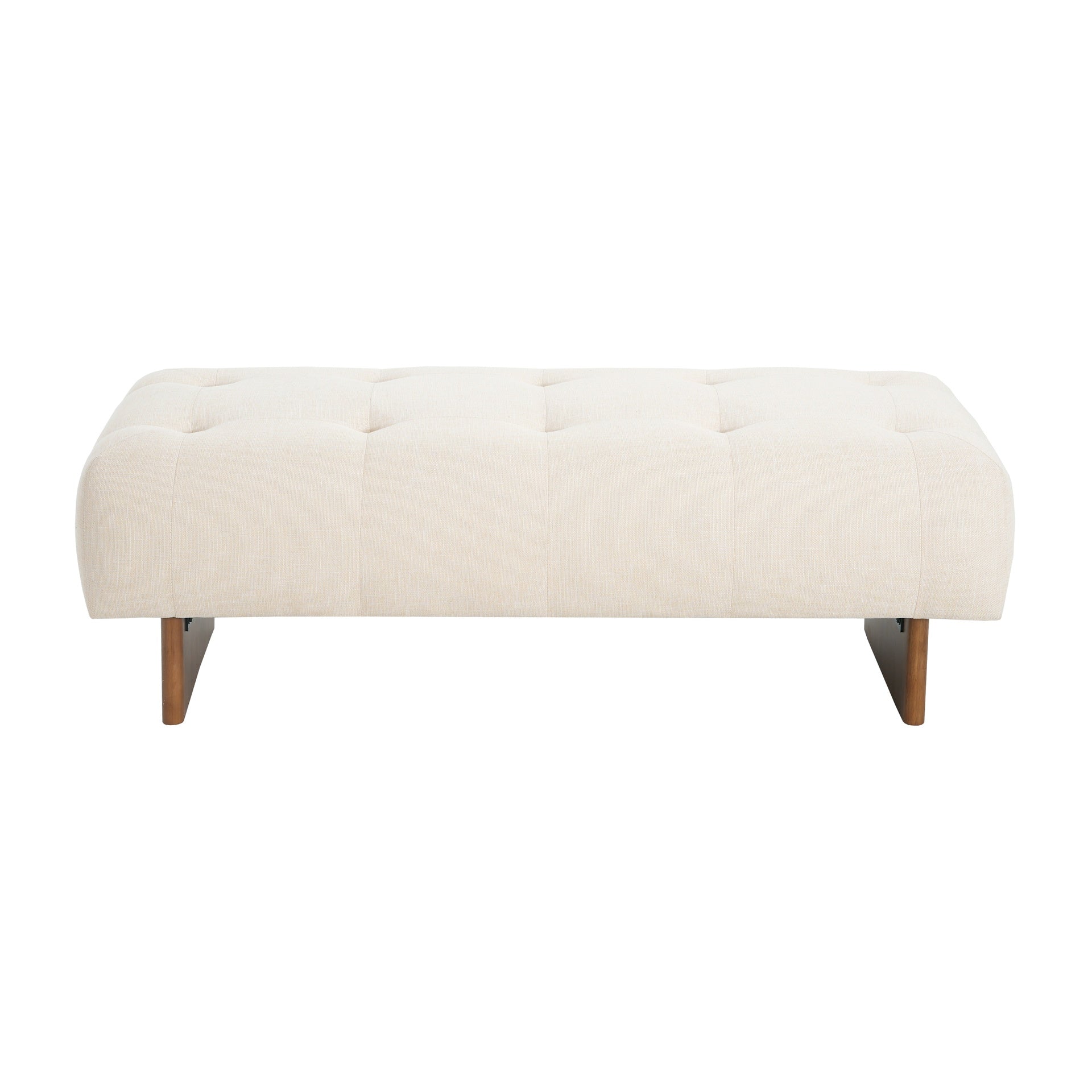 Rectangular Upholstered Tufted Linen Fabric Ottoman Bench, Solid Wood Legs, Beige