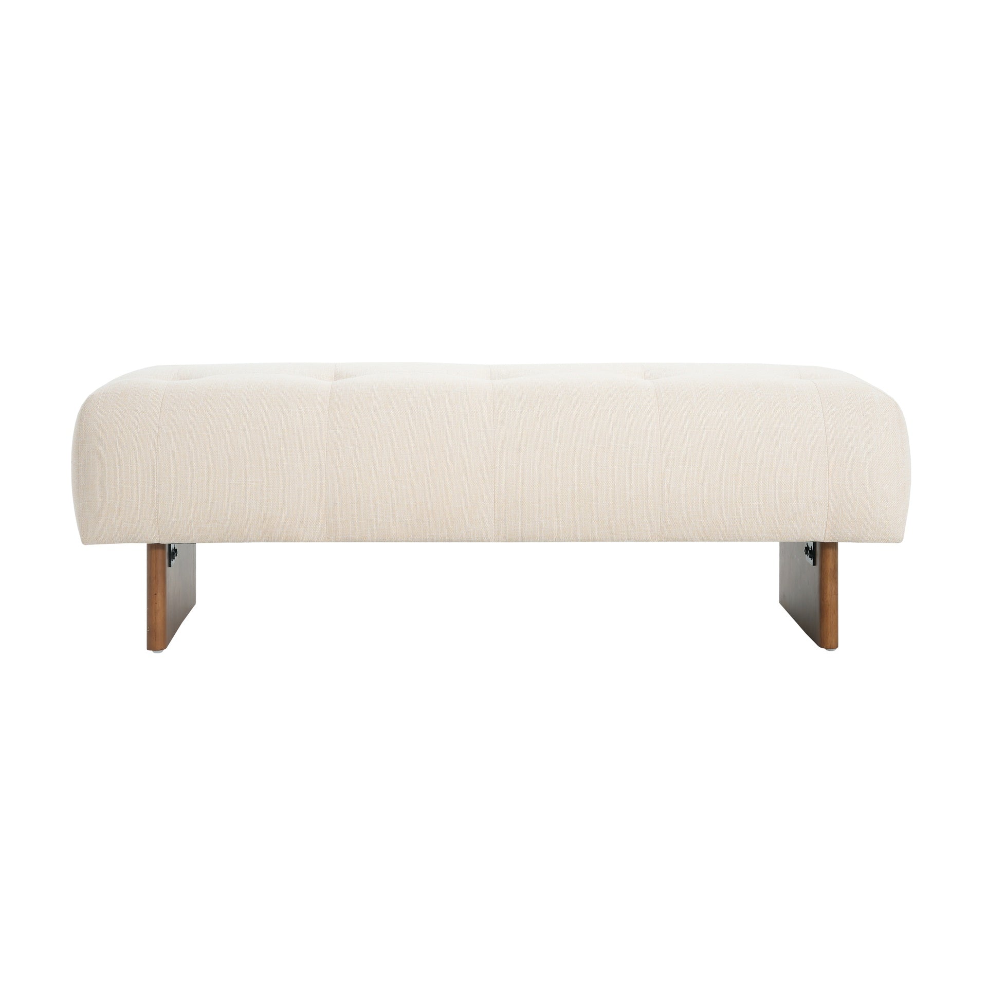 Rectangular Upholstered Tufted Linen Fabric Ottoman Bench, Solid Wood Legs, Beige