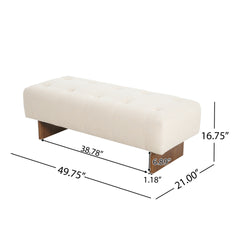 Rectangular Upholstered Tufted Linen Fabric Ottoman Bench, Solid Wood Legs, Beige