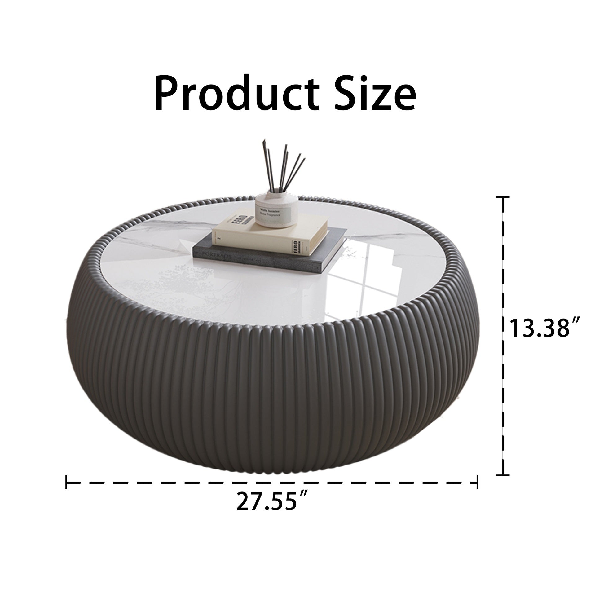 Light Sintered stone Top Drum Shape Leather Coffee modern Sofa Table for Living Room furniture ( Each tabletop has a unique grey pattern)