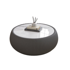 Light Sintered stone Top Drum Shape Leather Coffee modern Sofa Table for Living Room furniture ( Each tabletop has a unique grey pattern)