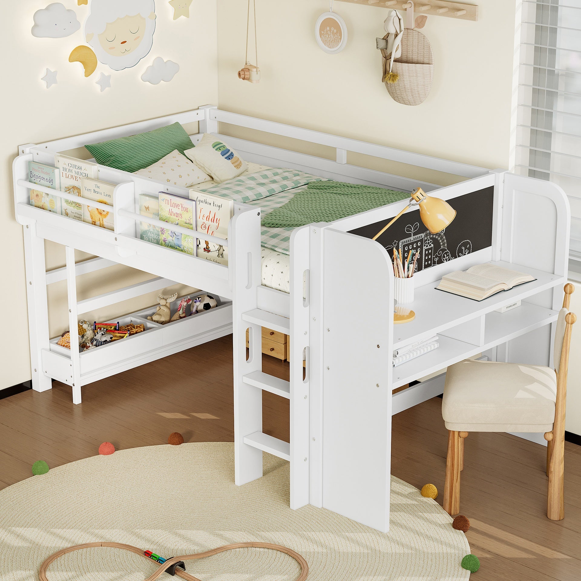 Twin Loft Bed with Multi-storage Bookcases, Boxes and Drawers, Solid Wood Low Loft Beds with Desk and Blackboard, No Box Spring Needed, White