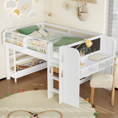 Twin Loft Bed with Multi-storage Bookcases, Boxes and Drawers, Solid Wood Low Loft Beds with Desk and Blackboard, No Box Spring Needed, White