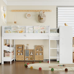 Twin Loft Bed with Multi-storage Bookcases, Boxes and Drawers, Solid Wood Low Loft Beds with Desk and Blackboard, No Box Spring Needed, White