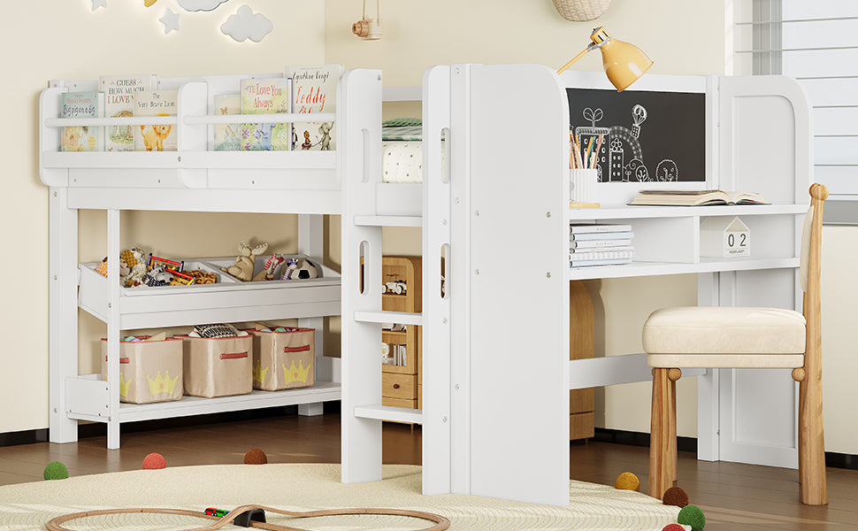 Twin Loft Bed with Multi-storage Bookcases, Boxes and Drawers, Solid Wood Low Loft Beds with Desk and Blackboard, No Box Spring Needed, White