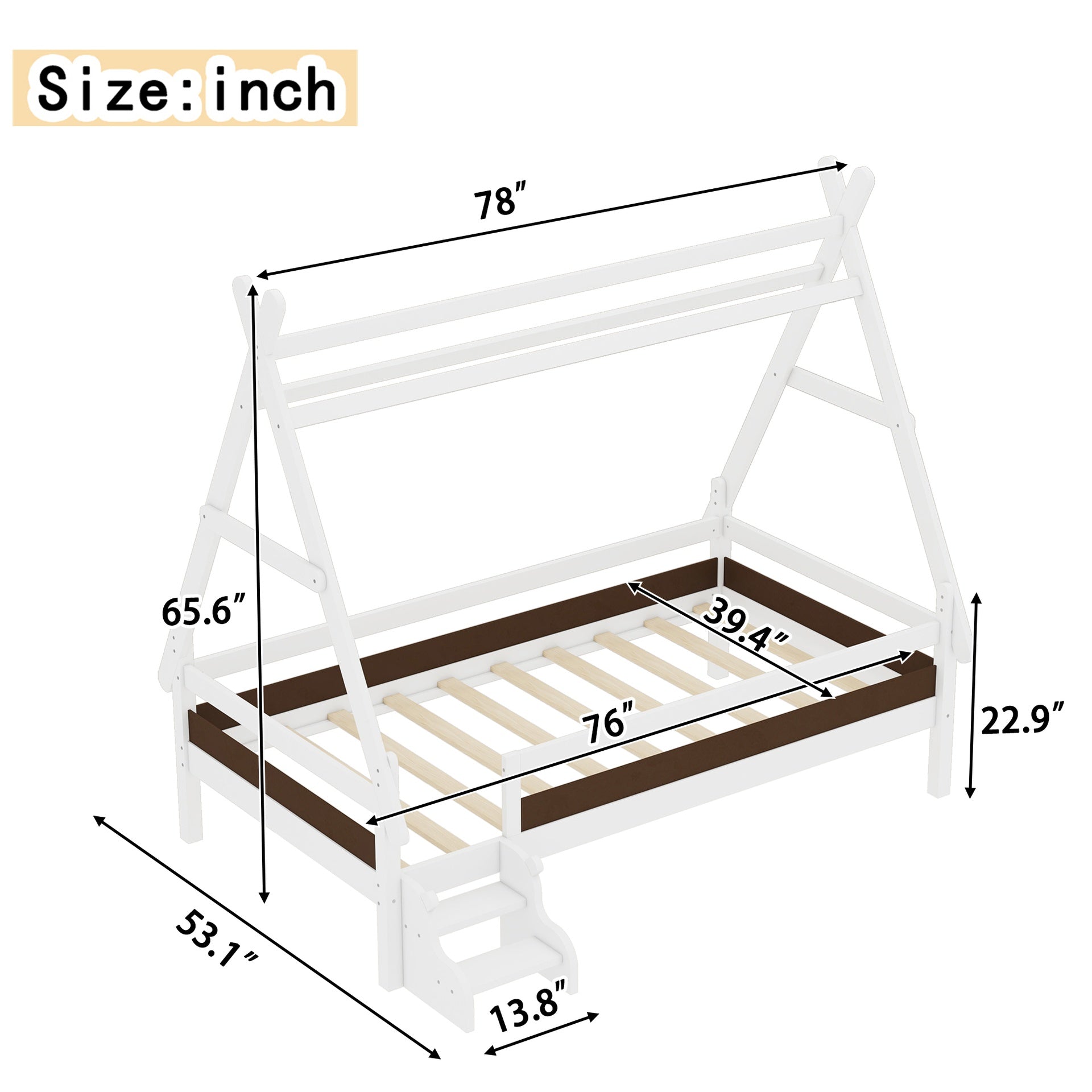 Twin House Platform Bed with Stairs, Solid Wood Twin Bed Frame, Low Profile and Childlike Fun Design, White