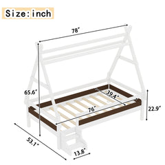 Twin House Platform Bed with Stairs, Solid Wood Twin Bed Frame, Low Profile and Childlike Fun Design, White