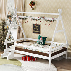 Twin House Platform Bed with Stairs, Solid Wood Twin Bed Frame, Low Profile and Childlike Fun Design, White