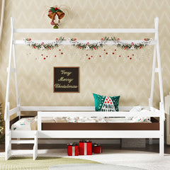 Twin House Platform Bed with Stairs, Solid Wood Twin Bed Frame, Low Profile and Childlike Fun Design, White