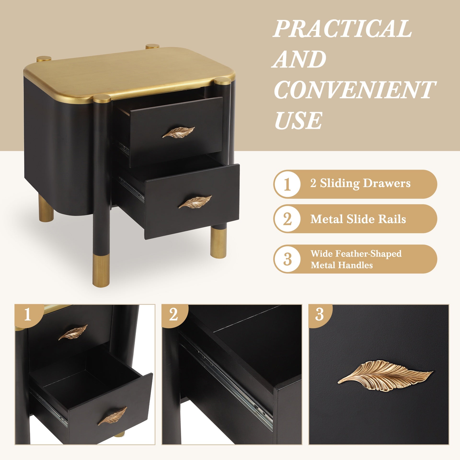 Contemporary 2 Drawers Nightstand with Curved Profile Design, Bedside Table with Metal Feather-Shaped Handles and Exposed Legs, End Table for Living Room and Bedroom, Easy Assembly, Black