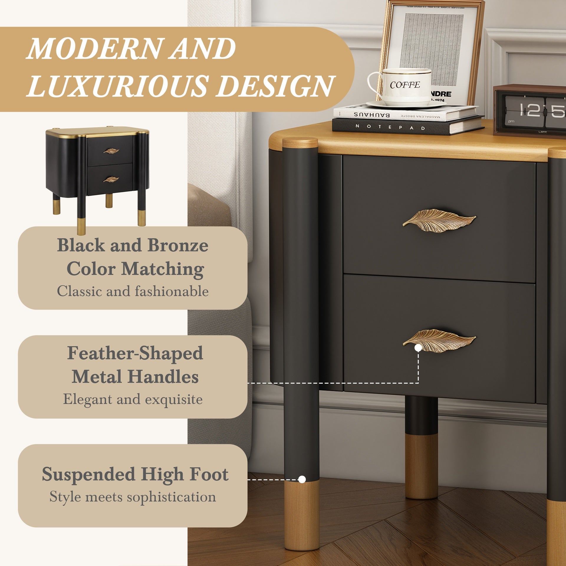 Contemporary 2 Drawers Nightstand with Curved Profile Design, Bedside Table with Metal Feather-Shaped Handles and Exposed Legs, End Table for Living Room and Bedroom, Easy Assembly, Black