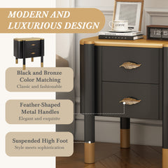 Contemporary 2 Drawers Nightstand with Curved Profile Design, Bedside Table with Metal Feather-Shaped Handles and Exposed Legs, End Table for Living Room and Bedroom, Easy Assembly, Black