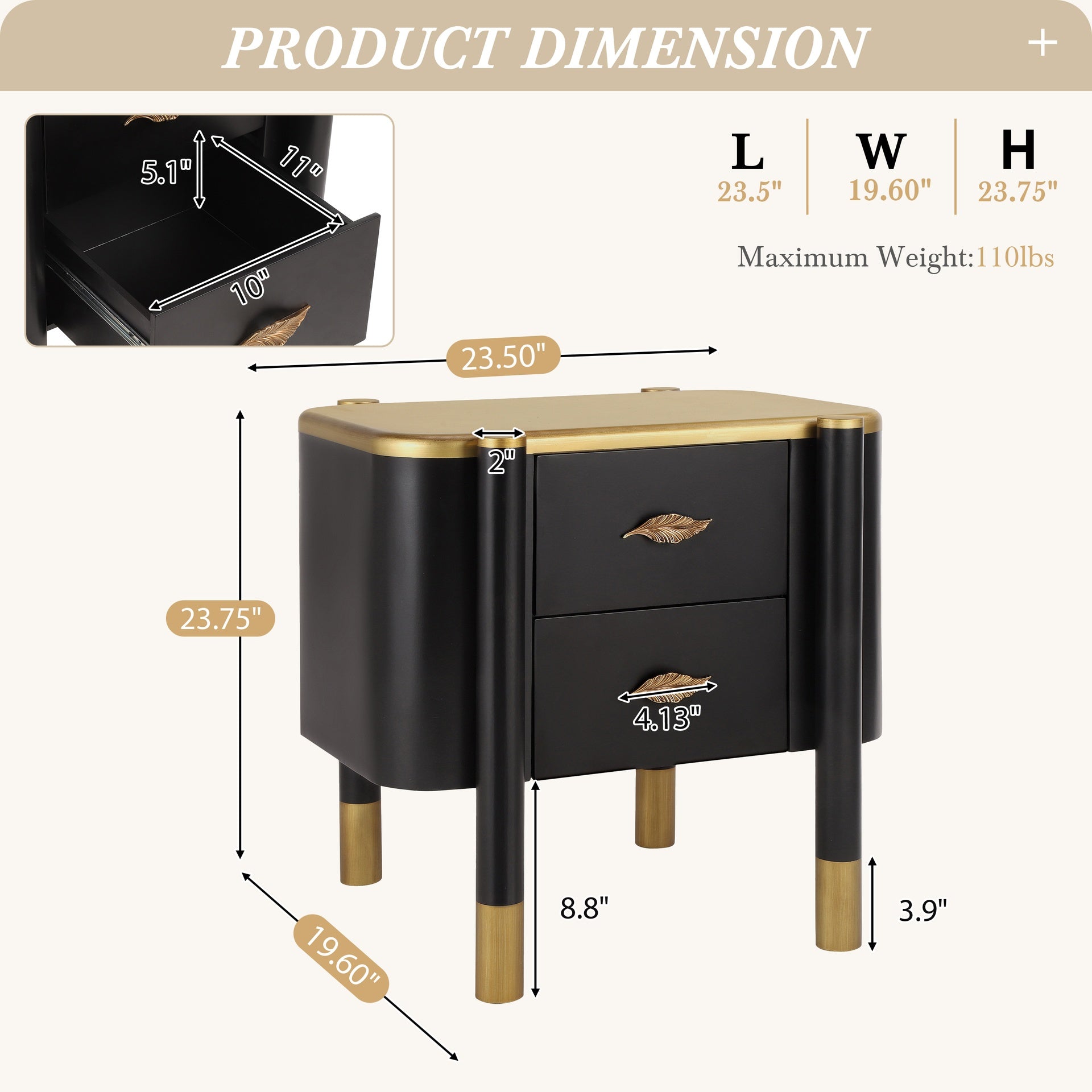 Contemporary 2 Drawers Nightstand with Curved Profile Design, Bedside Table with Metal Feather-Shaped Handles and Exposed Legs, End Table for Living Room and Bedroom, Easy Assembly, Black