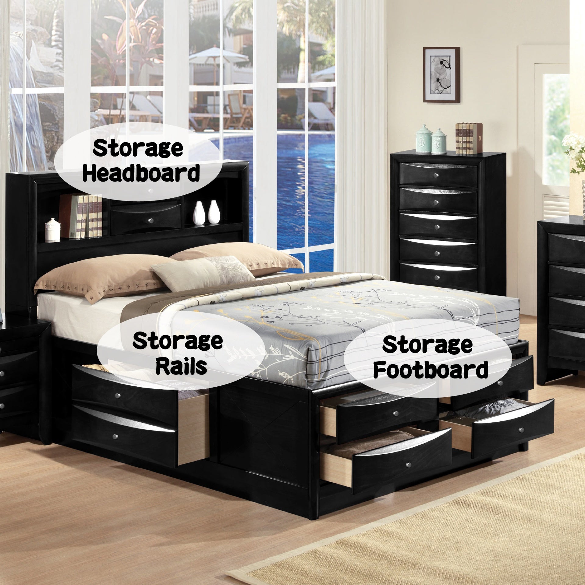 Ireland Black Finish Queen Bed W/Storage