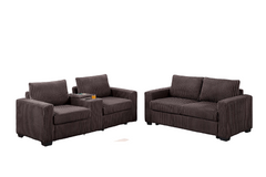 Chocolate Finish 2pc Sofa Set Back Cushion Plastic Legs Cup Holders Charging Port  Corduroy Upholstered Modern Primary Living Room