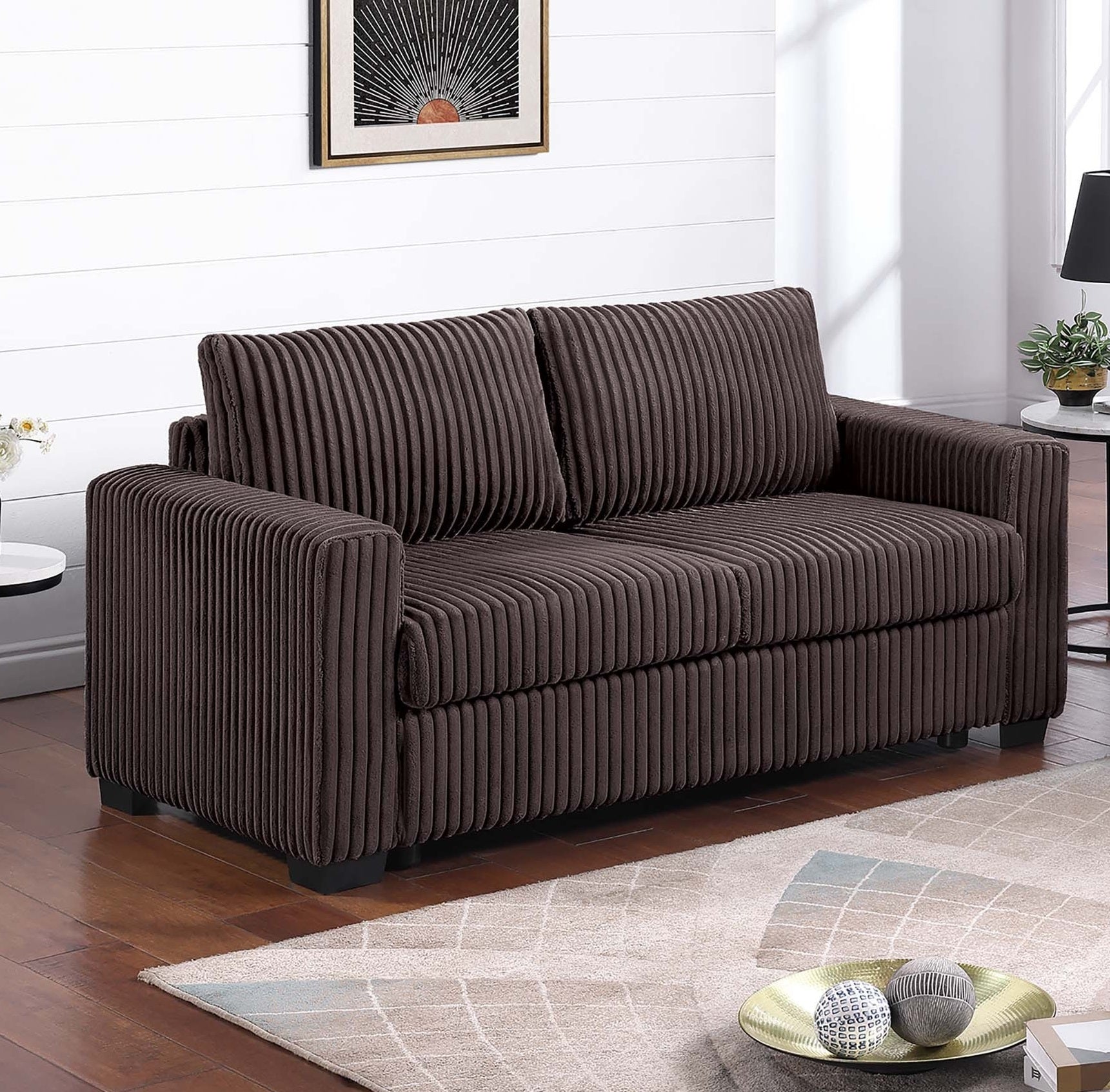 Chocolate Finish 2pc Sofa Set Back Cushion Plastic Legs Cup Holders Charging Port  Corduroy Upholstered Modern Primary Living Room