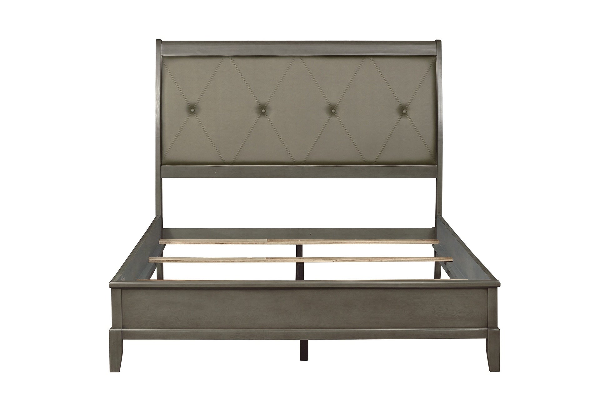 Transitional Style Gray Finish 1pc Queen Size Sleigh Bed Button-Tufted Faux Leather Upholstered Headboard Bedframe