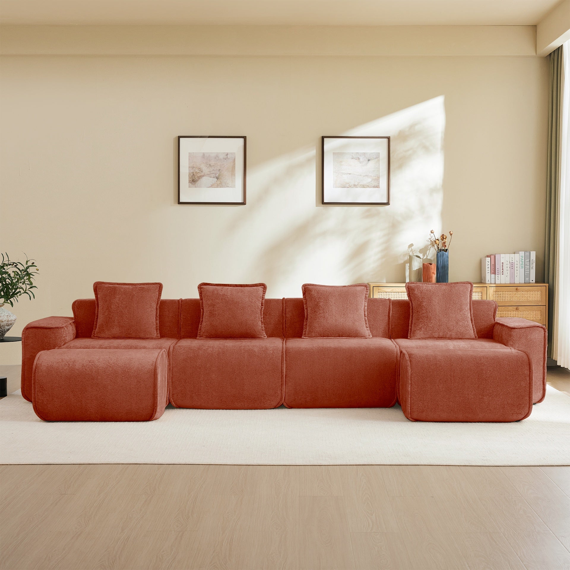 Streamlined Design Modular 4 Seat U Shape Sectional Boneless Sofa with French Edge Piping, No Assembly Required,4-Seat Sofa Couch with Throw Pillows and 2 Movable Ottomans, Velvet Fabric Red