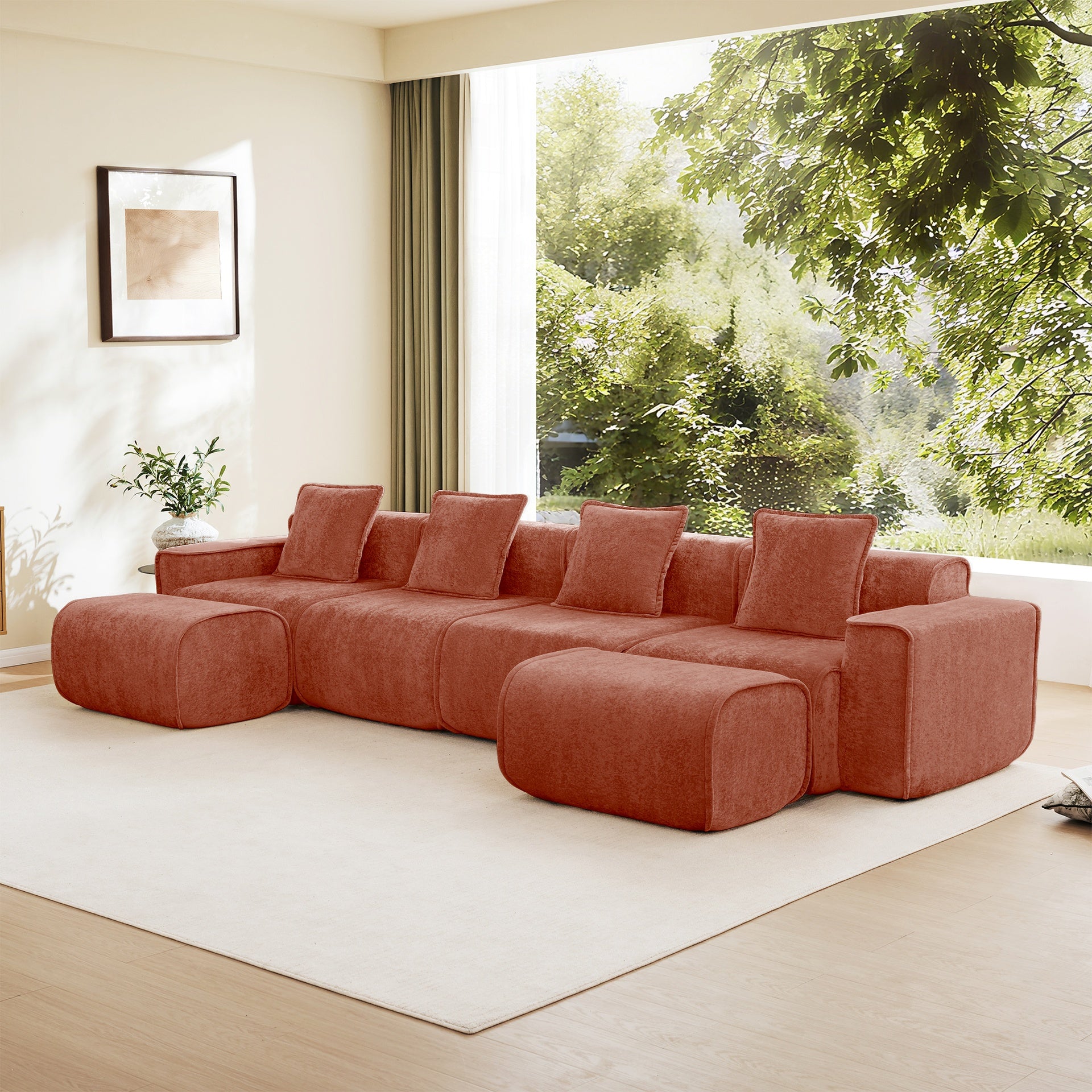 Streamlined Design Modular 4 Seat U Shape Sectional Boneless Sofa with French Edge Piping, No Assembly Required,4-Seat Sofa Couch with Throw Pillows and 2 Movable Ottomans, Velvet Fabric Red