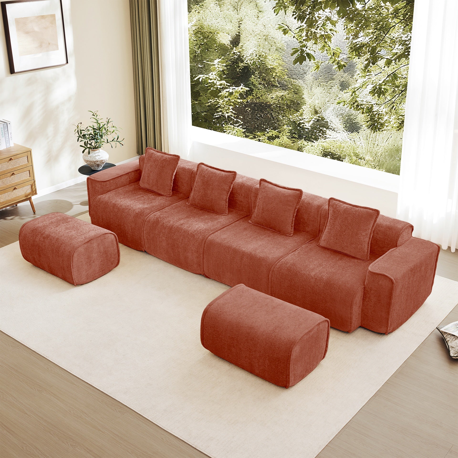 Streamlined Design Modular 4 Seat U Shape Sectional Boneless Sofa with French Edge Piping, No Assembly Required,4-Seat Sofa Couch with Throw Pillows and 2 Movable Ottomans, Velvet Fabric Red