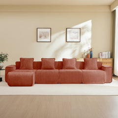 Streamlined Design Modular 4 Seat L Shape Sectional Boneless Sofa with French Edge Piping, No Assembly Required, 4-Seat Sofa Couch with Throw Pillows and 1 Movable Ottoman, Velvet Fabric Red