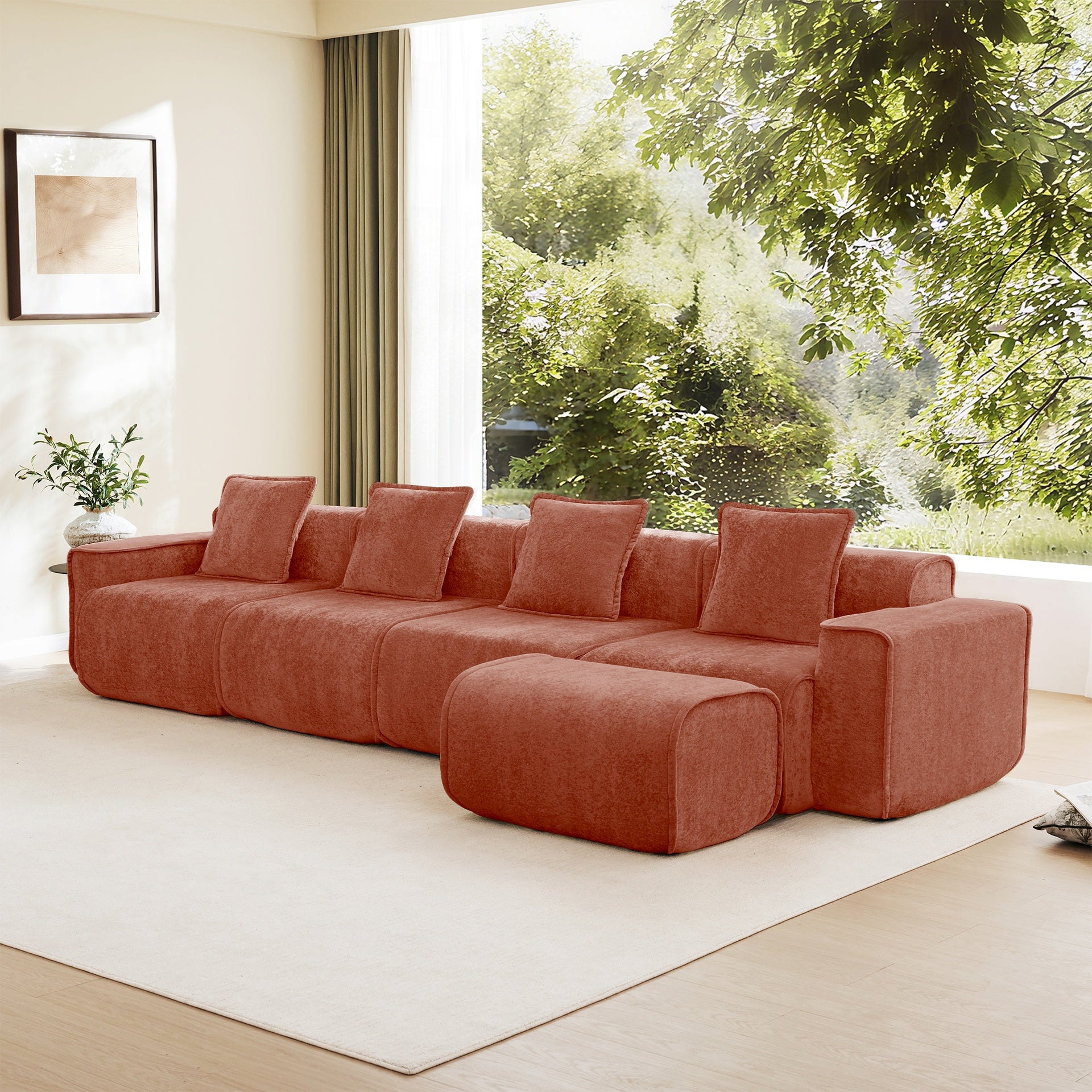 Streamlined Design Modular 4 Seat L Shape Sectional Boneless Sofa with French Edge Piping, No Assembly Required, 4-Seat Sofa Couch with Throw Pillows and 1 Movable Ottoman, Velvet Fabric Red