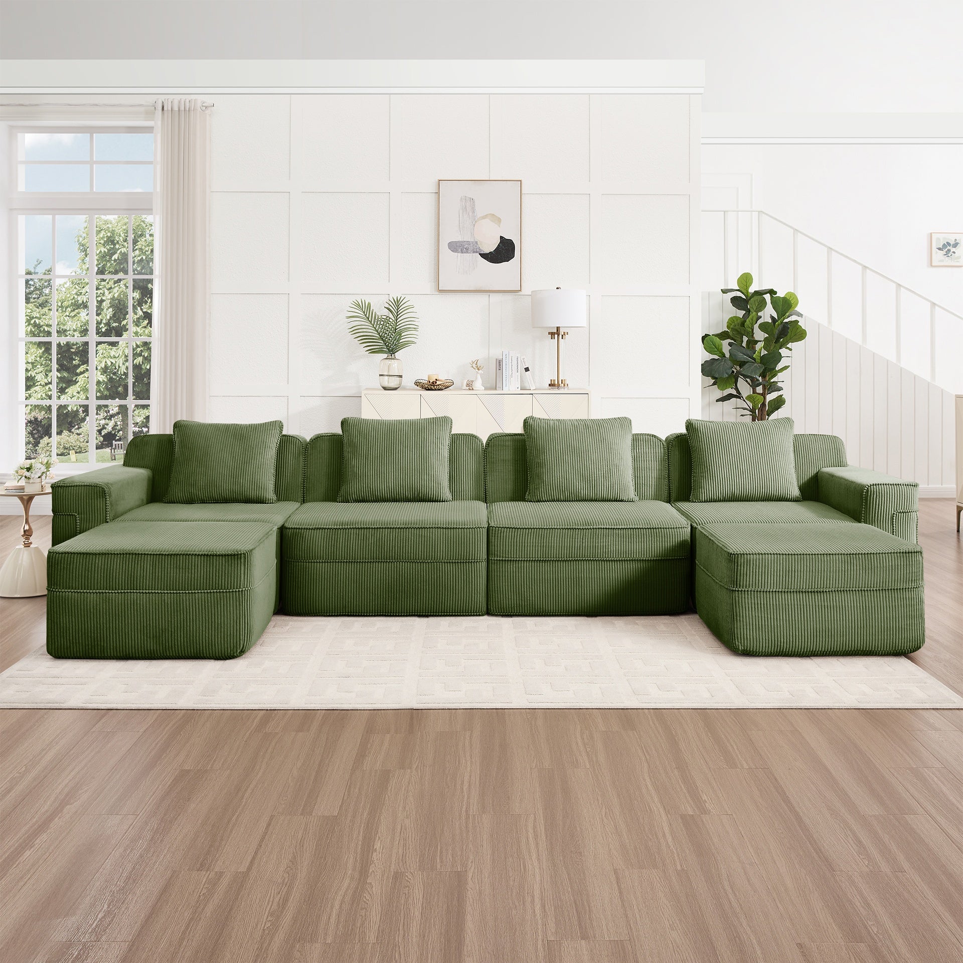 Modular 4 Seat U Shape Sectional Boneless Sofa, Cloud Sectional Couch with Deep Seat, Modern Modular 4-Seat Sofa Couch with Throw Pillows and 2 Movable Ottomans, Corduroy Fabric Green