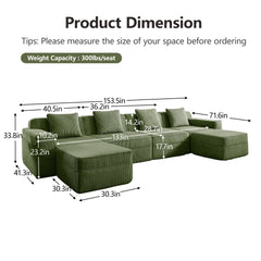 Modular 4 Seat U Shape Sectional Boneless Sofa, Cloud Sectional Couch with Deep Seat, Modern Modular 4-Seat Sofa Couch with Throw Pillows and 2 Movable Ottomans, Corduroy Fabric Green