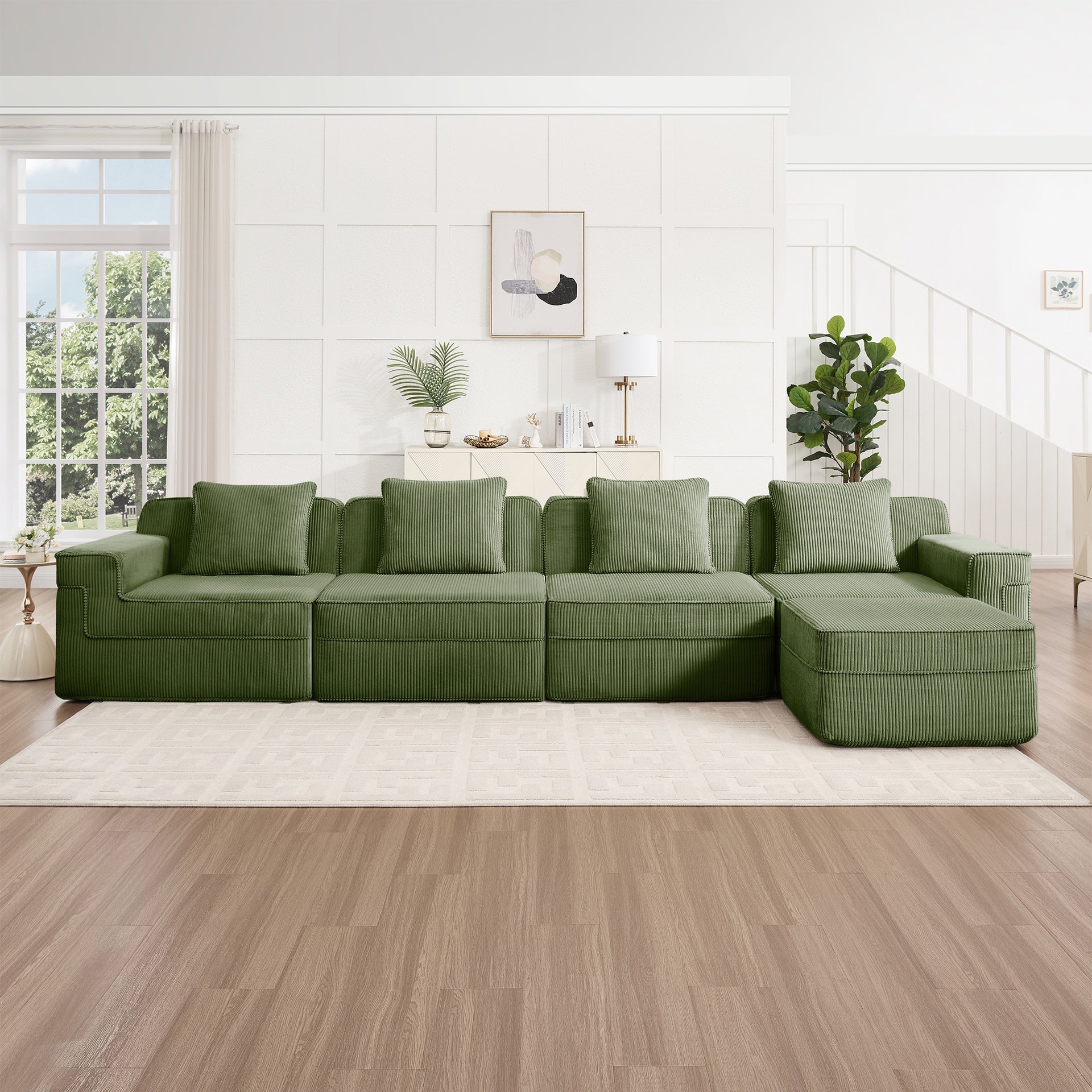 Modular 4 Seat L Shape Sectional Boneless Sofa, Cloud Sectional Couch with Deep Seat, Modern Modular 4-Seat Sofa Couch with Throw Pillows and 1 Movable Ottoman, Corduroy Fabric Green