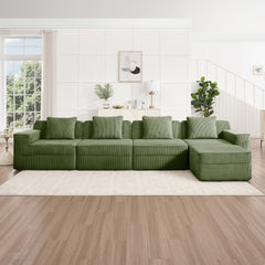Modular 4 Seat L Shape Sectional Boneless Sofa, Cloud Sectional Couch with Deep Seat, Modern Modular 4-Seat Sofa Couch with Throw Pillows and 1 Movable Ottoman, Corduroy Fabric Green