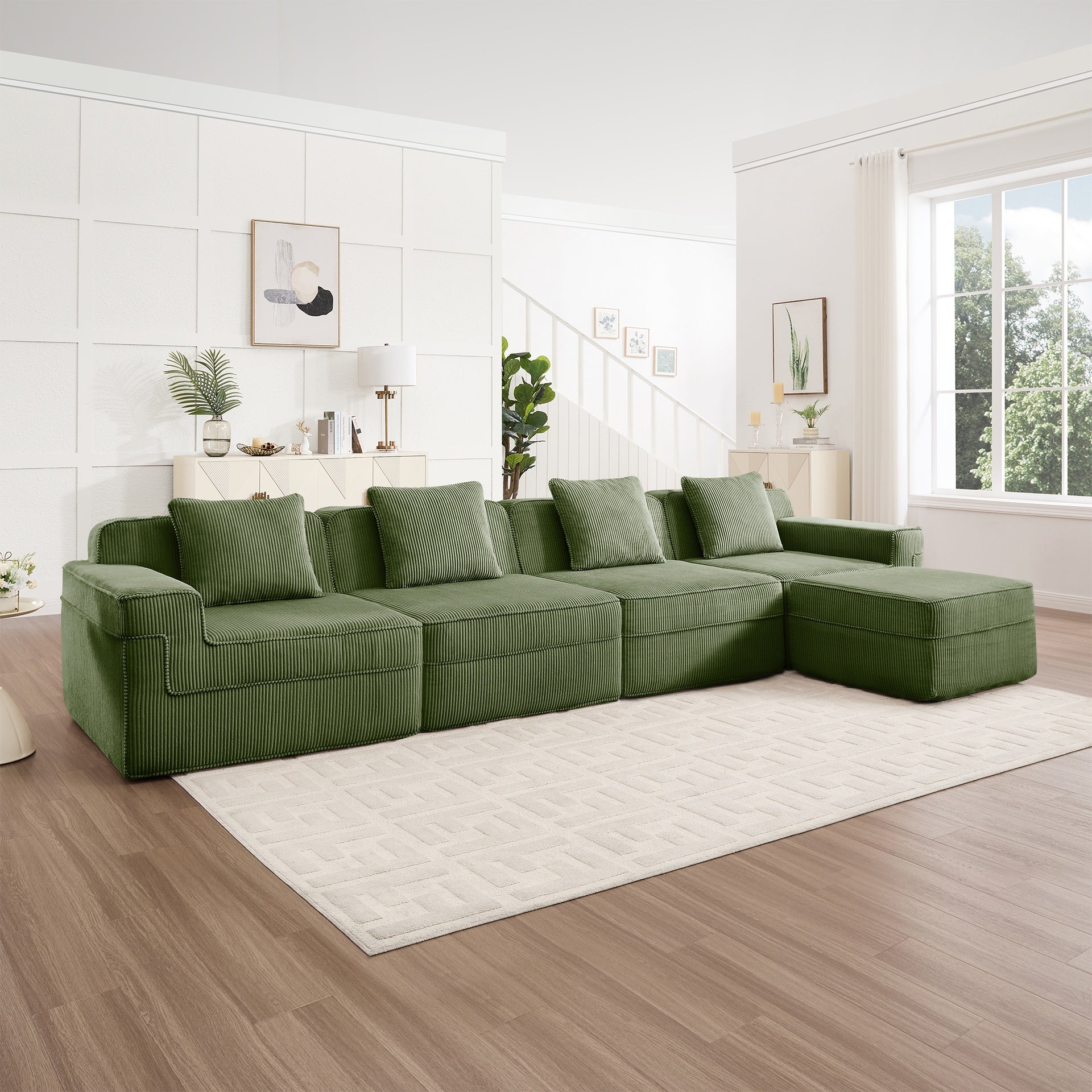 Modular 4 Seat L Shape Sectional Boneless Sofa, Cloud Sectional Couch with Deep Seat, Modern Modular 4-Seat Sofa Couch with Throw Pillows and 1 Movable Ottoman, Corduroy Fabric Green