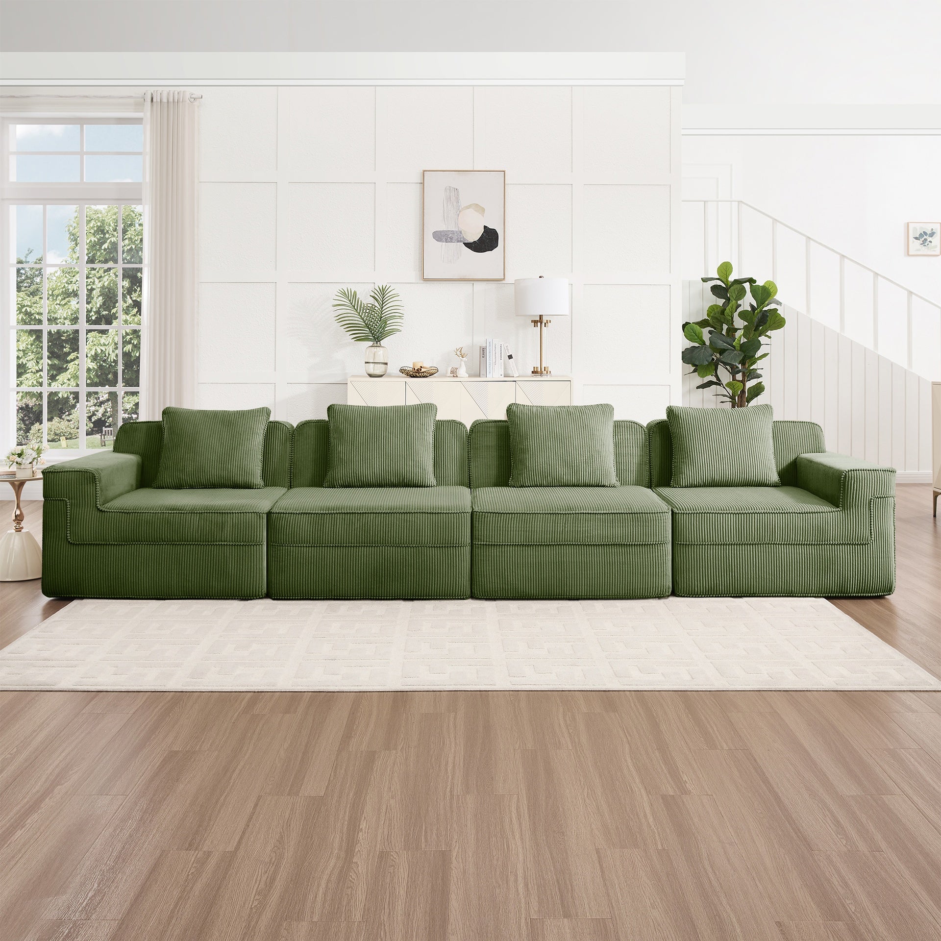 Modular 4 Seat Boneless Sofa, Cloud Sectional Couch with Deep Seat, Modern Modular 4-Seat Sofa Couch with Throw Pillows Corduroy Fabric Green