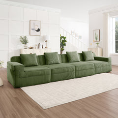 Modular 4 Seat Boneless Sofa, Cloud Sectional Couch with Deep Seat, Modern Modular 4-Seat Sofa Couch with Throw Pillows Corduroy Fabric Green