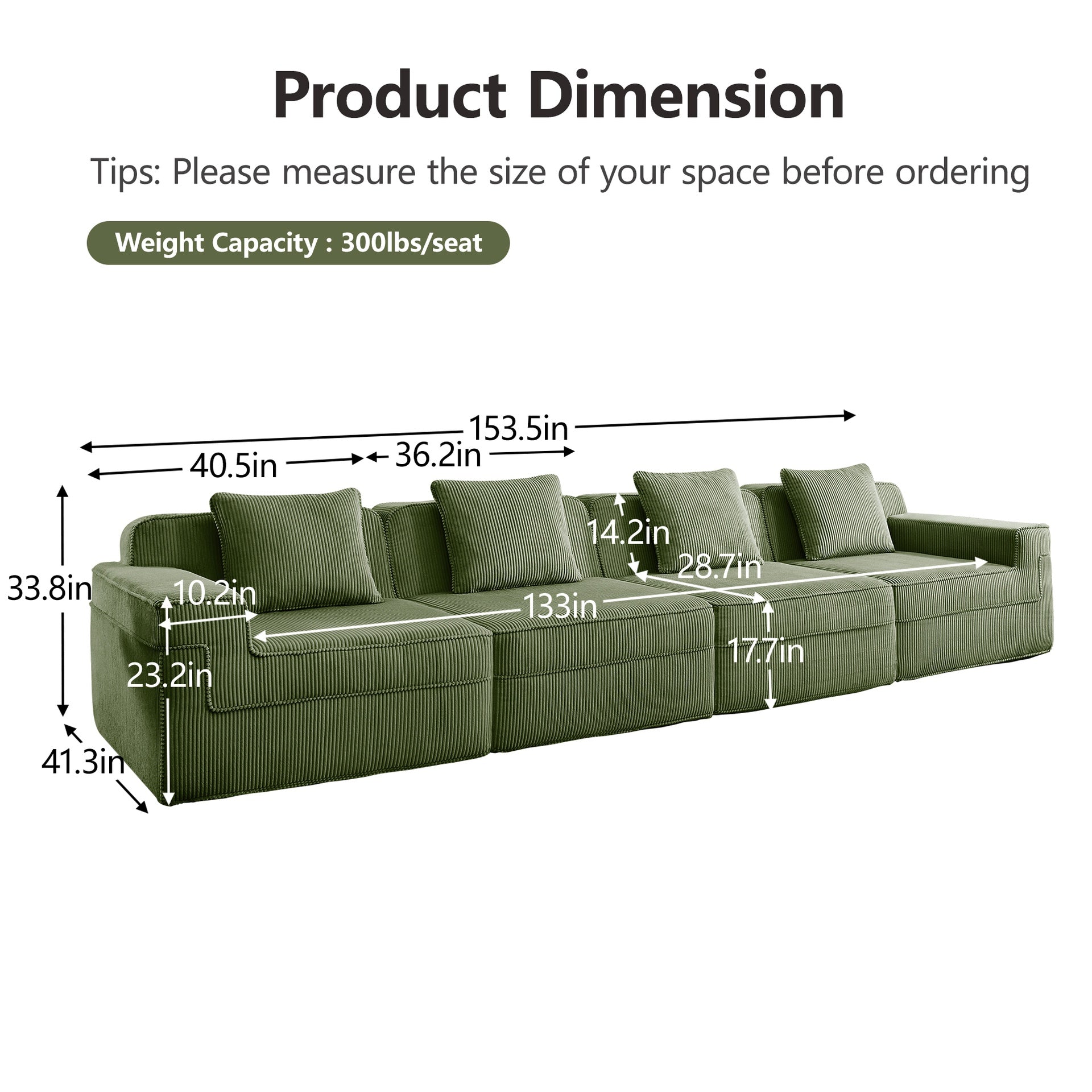 Modular 4 Seat Boneless Sofa, Cloud Sectional Couch with Deep Seat, Modern Modular 4-Seat Sofa Couch with Throw Pillows Corduroy Fabric Green