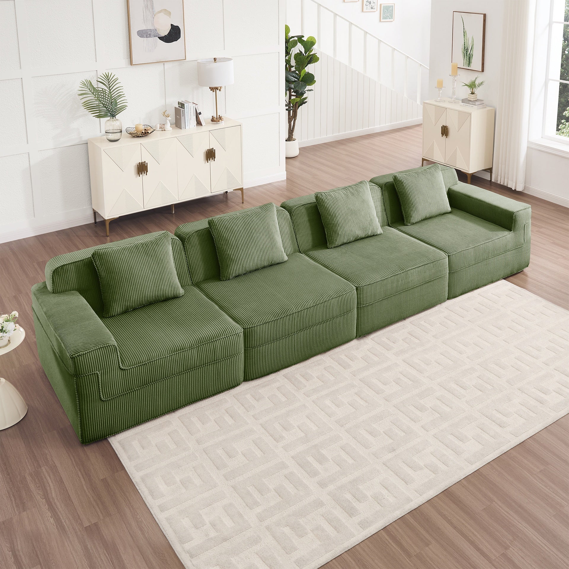 Modular 4 Seat Boneless Sofa, Cloud Sectional Couch with Deep Seat, Modern Modular 4-Seat Sofa Couch with Throw Pillows Corduroy Fabric Green