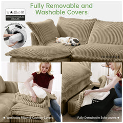 L-Shaped Slipcovered Sectional Sofa Couch, Comfy Deep Seat Cloud Couch with Convertible Ottoman & 2 Big Pillows, Modern Oversized 3 Seater Slipcovered Sofa Set for Living Room Office, Camel Corduroy