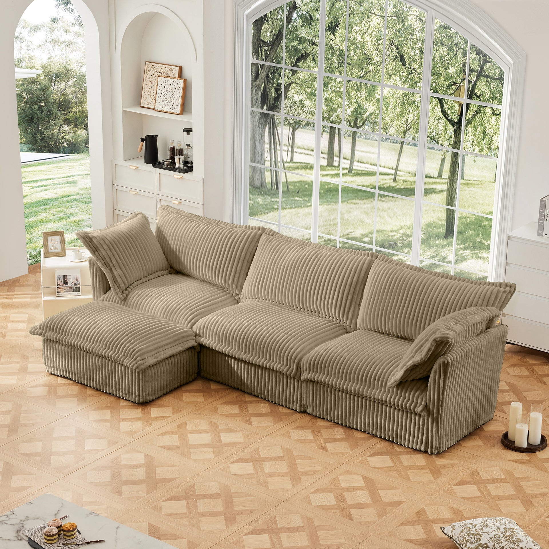 L-Shaped Slipcovered Sectional Sofa Couch, Comfy Deep Seat Cloud Couch with Convertible Ottoman & 2 Big Pillows, Modern Oversized 3 Seater Slipcovered Sofa Set for Living Room Office, Camel Corduroy