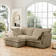 Slipcovered Sectional 2 Seater Sofa Couch with Convertible Ottoman, Wide and Deep Seat L Shaped Sofa with Detachable Cover and Soft Multiple Big Pillows,Camel Corduroy Fabric