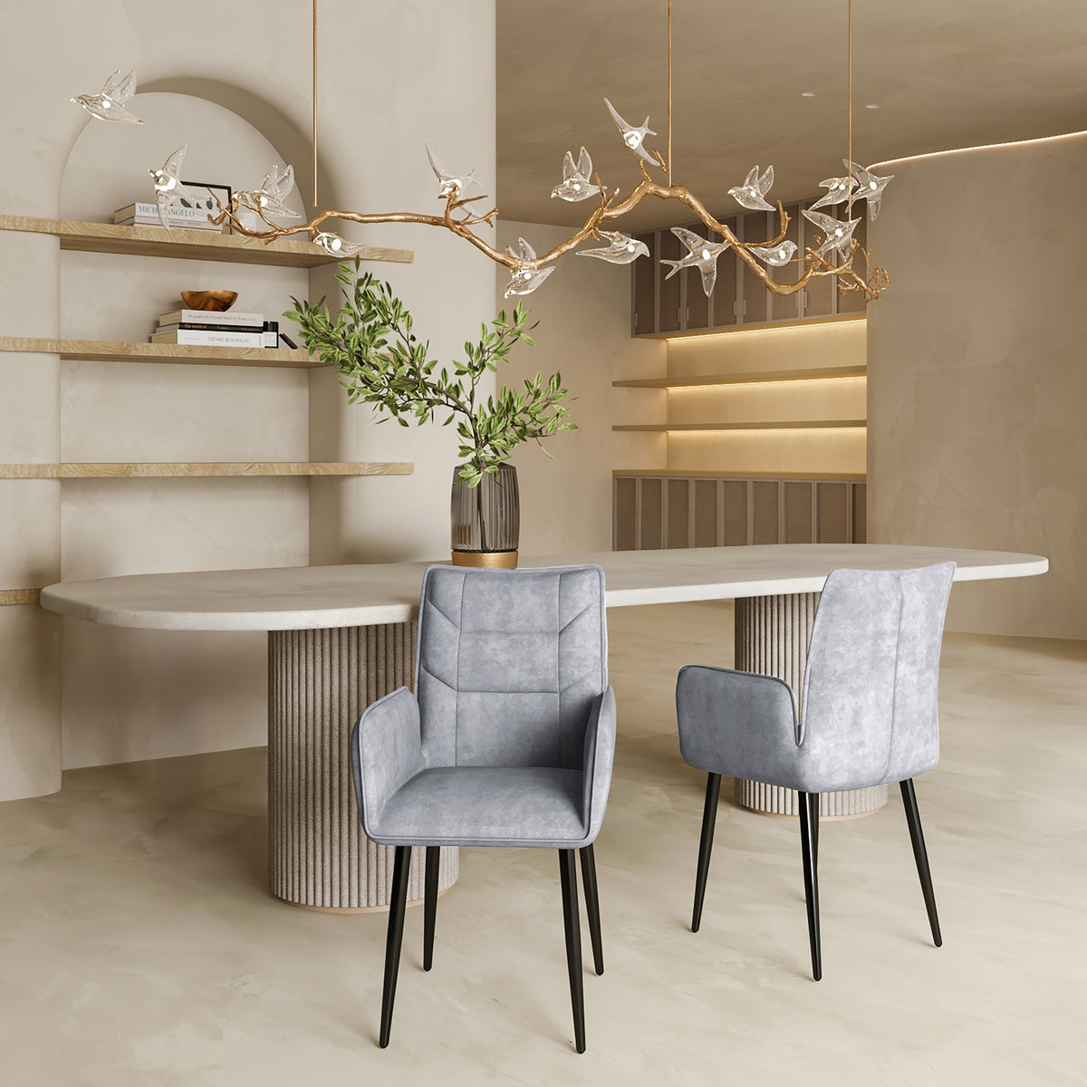 Modern Velvet Dining Chairs 2-Piece Set - Soft Cushioned Seats with Iron Frames in Mustard Light Gray