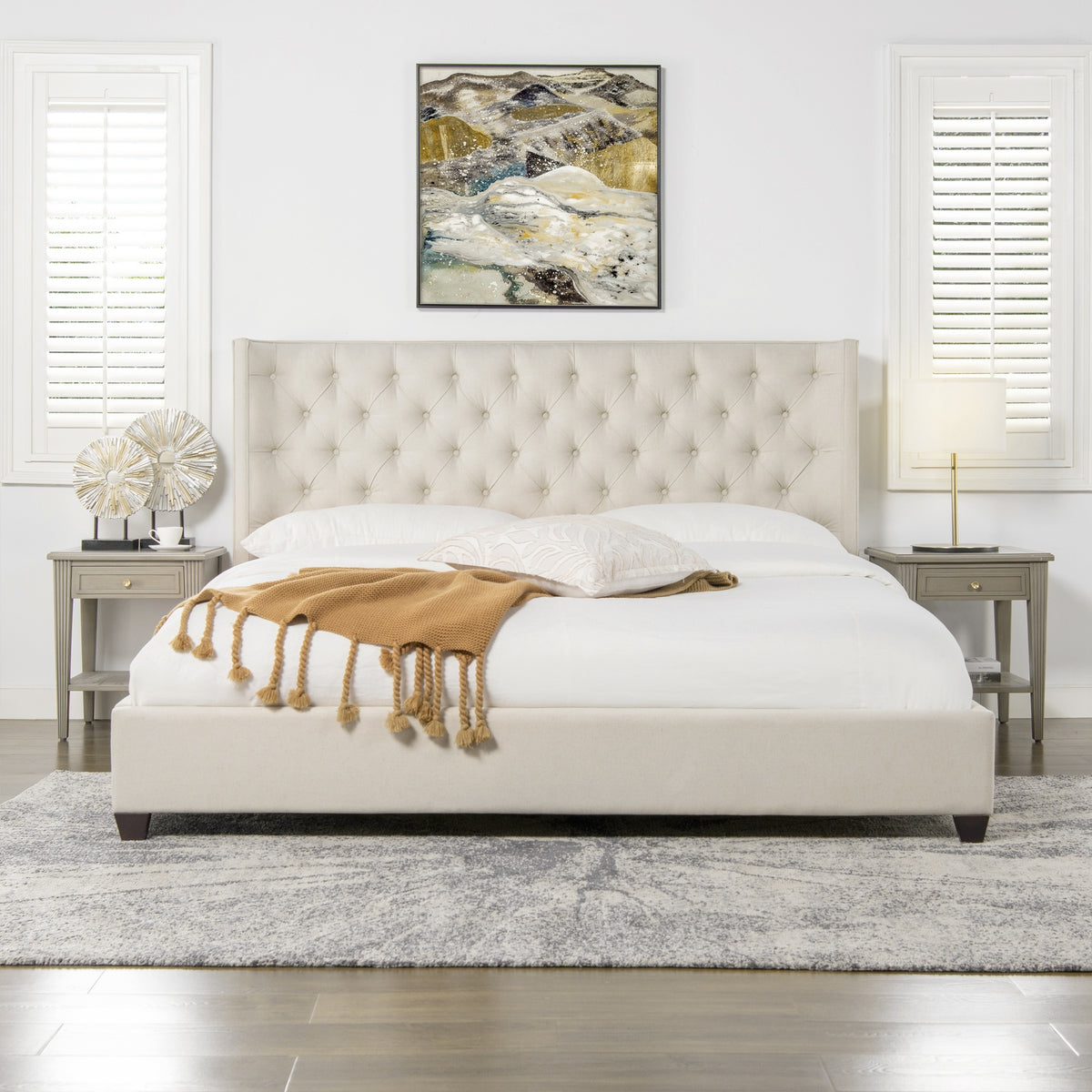 Manhattan Shelter King Platform Bed Frame, Light Beige Linen