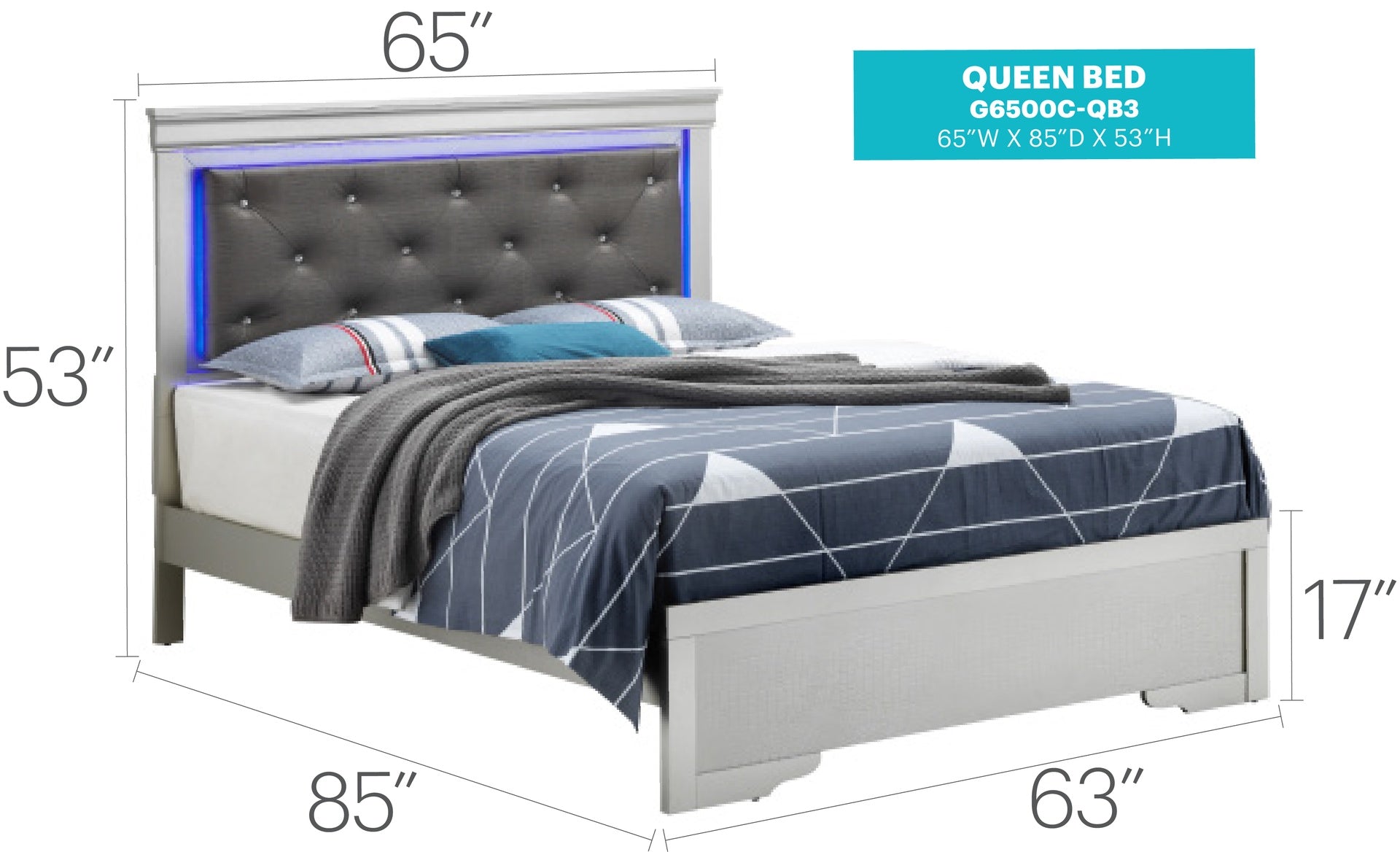 Lorana G6500C-QB3 Queen Bed , Silver Champagne
