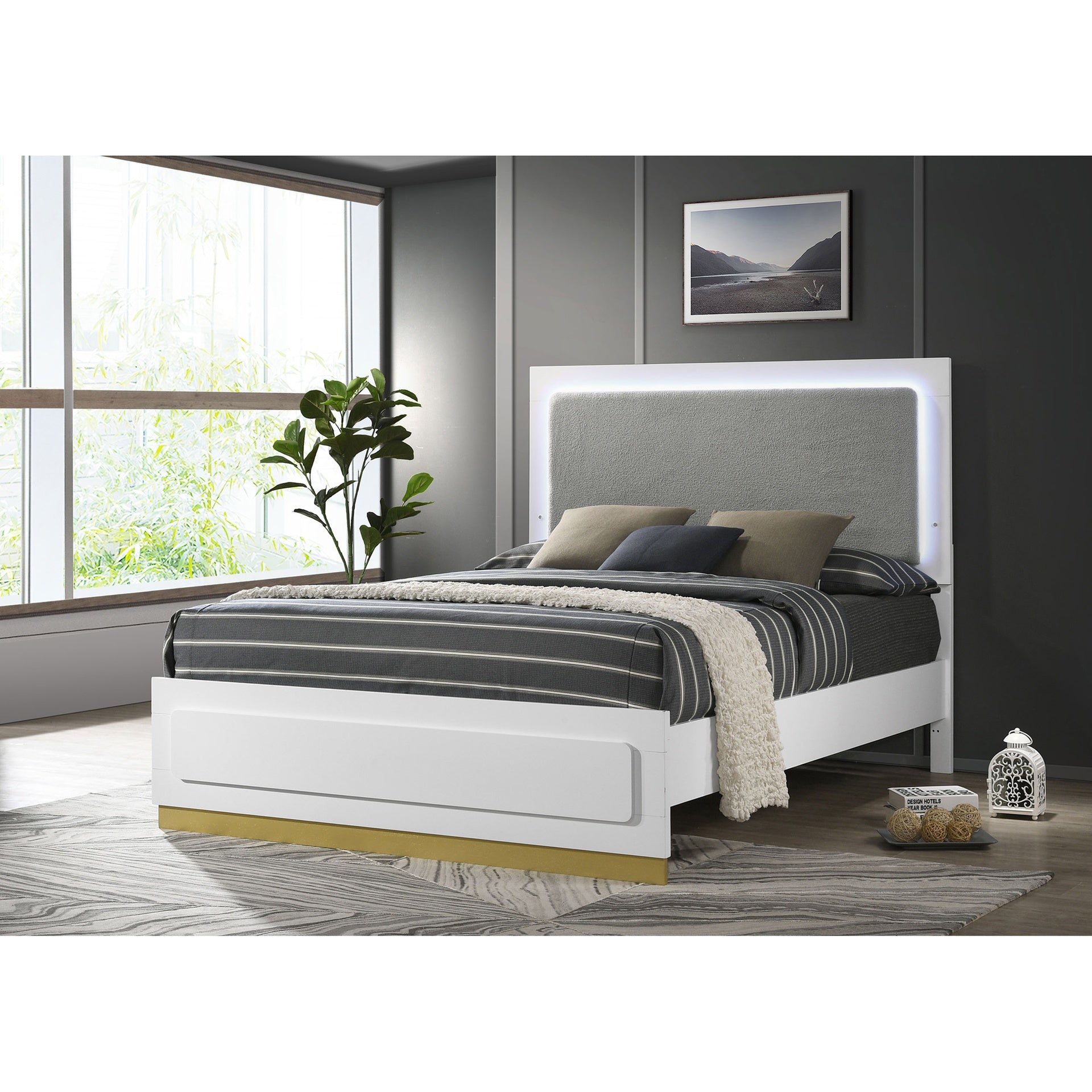 Sophia White Wood Queen LED Panel Bed