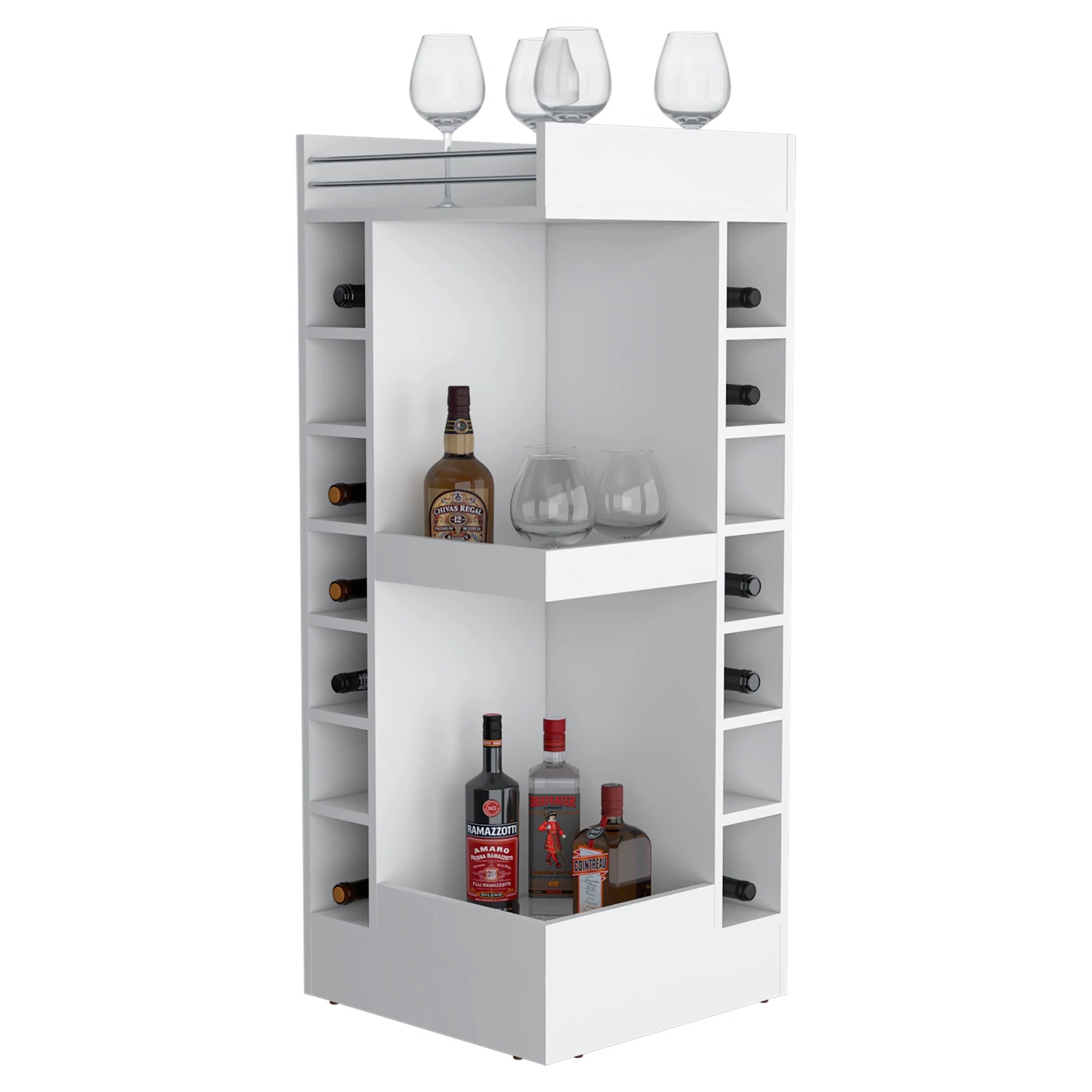 White Corner Bar Cabinet with Wine Rack and Open Shelf