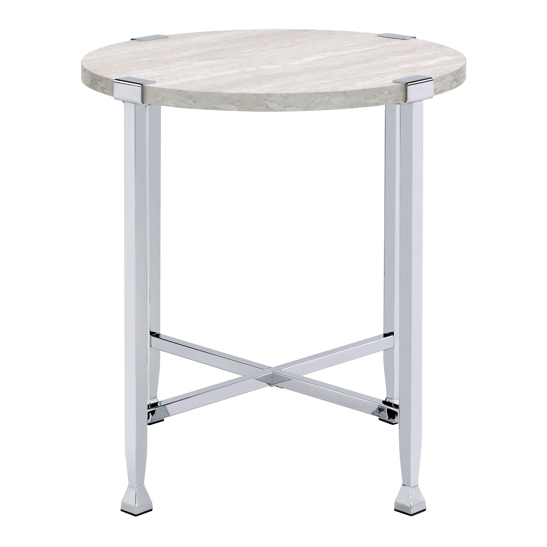 White Oak and Chrome End Table with X Shape Base