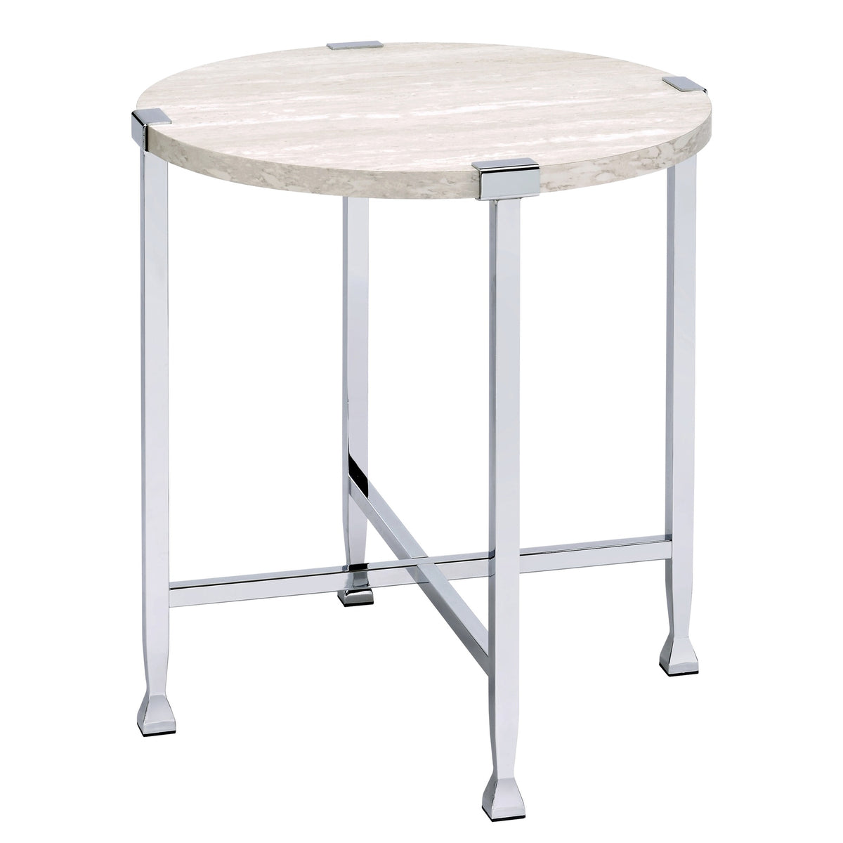 White Oak and Chrome End Table with X Shape Base