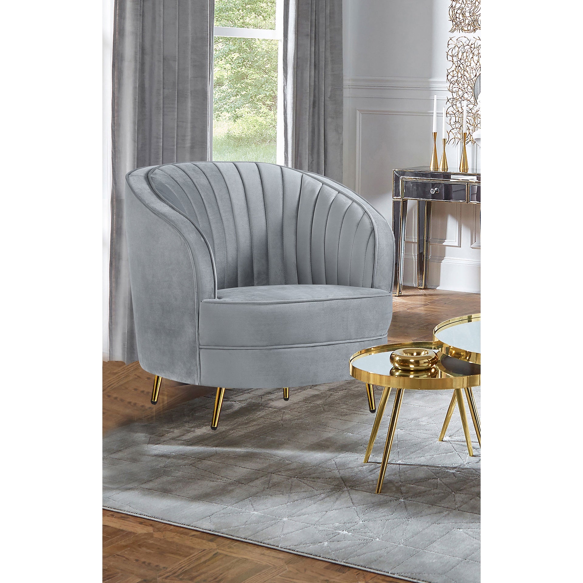 Grey and Gold Upholstered Tufted Chair