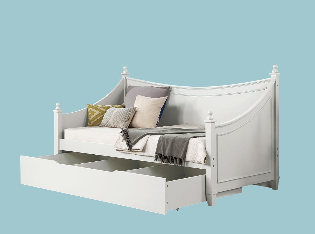 Transitional Style Twin Daybed Molding Design White Finish Mattress Ready Poster Design With Finials Solid Wood Structure