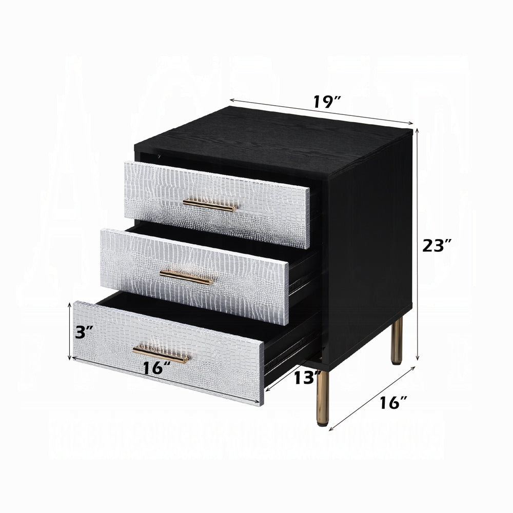 1pc Glamorous Bedroom Furniture 1pc Black Nightstand with 3-Drawers Silver Finish Crocodile Pattern Fronts Gold Finish Legs