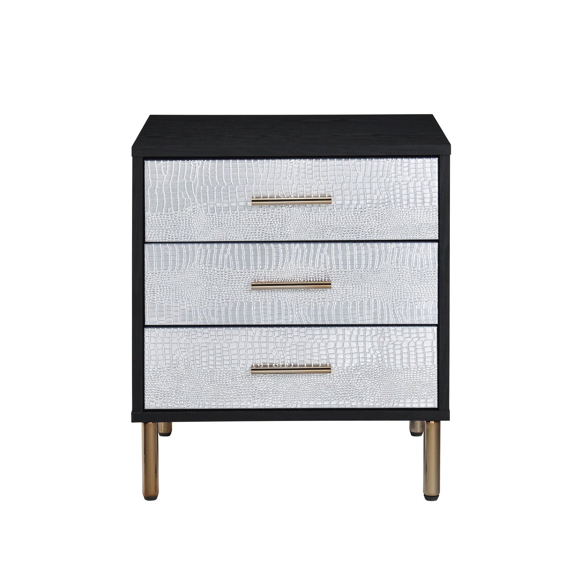 1pc Glamorous Bedroom Furniture 1pc Black Nightstand with 3-Drawers Silver Finish Crocodile Pattern Fronts Gold Finish Legs