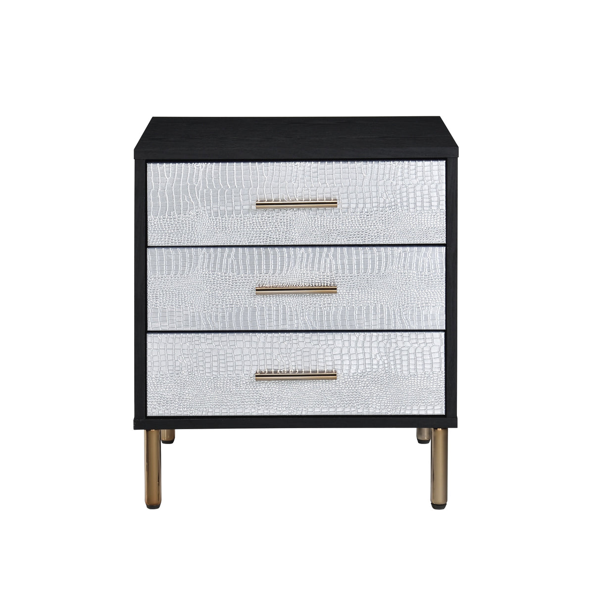 1pc Glamorous Bedroom Furniture 1pc Black Nightstand with 3-Drawers Silver Finish Crocodile Pattern Fronts Gold Finish Legs